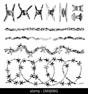 Barb metallic seamless set with fence warning symbols realistic isolated vector illustration Stock Vector