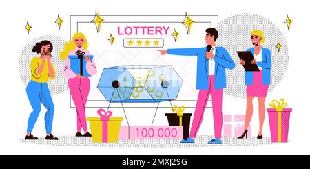 Fortune games flat image with people winning bingo lottery prizes vector illustration Stock Vector