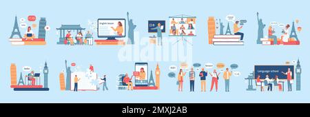 Language course flat icons set with online and offline lessons isolated vector illustration Stock Vector