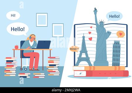 Language course flat composition with student learning English online vector illustration Stock Vector