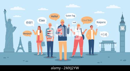 Language course flat composition with students and foreign country symbols vector illustration Stock Vector
