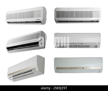 Set with different modern air conditioners on white background Stock Photo