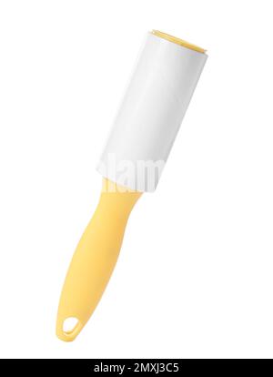 New lint roller with yellow handle isolated on white Stock Photo