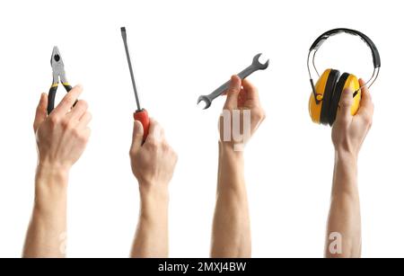 Set with photos of electricians holding different tools on white background, closeup Stock Photo