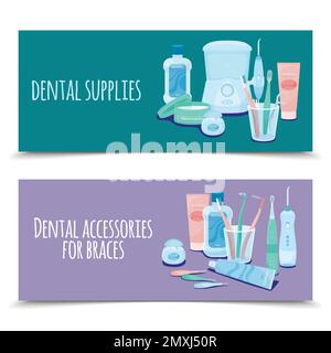 Dental hygiene set of two horizontal banners with flat images of toothpastes toothbrushes and ornate text vector illustration Stock Vector