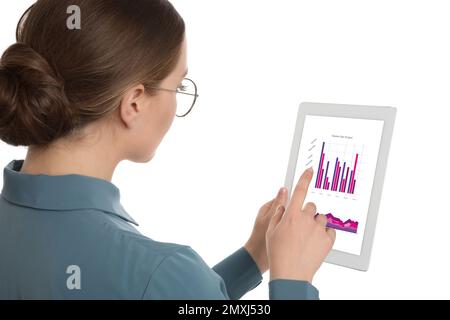 Young woman with tablet on white background. Business analytics Stock Photo