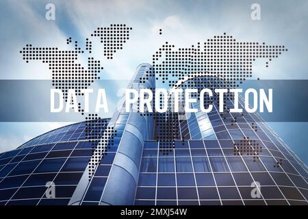 Text DATA PROTECTION, world map and modern building on background Stock Photo