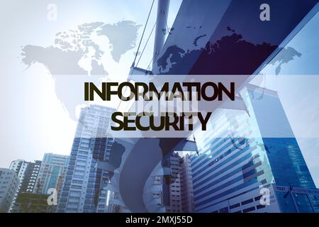 Text INFORMATION SECURITY, world map and cityscape on background Stock Photo