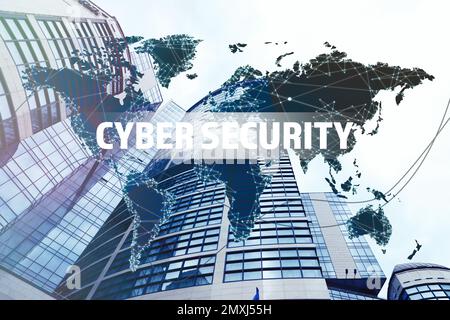 Text CYBER SECURITY, world map and modern buildings on background Stock Photo