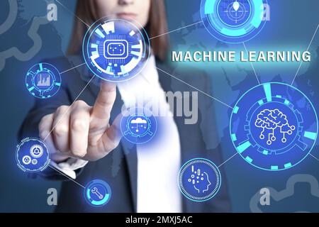 Woman touching icon on virtual screen, closeup. Machine learning concept Stock Photo