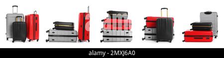 Set of different suitcases on white background. Banner design Stock Photo