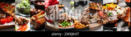 Collage with different photos of delicious grilled meat. Banner design Stock Photo