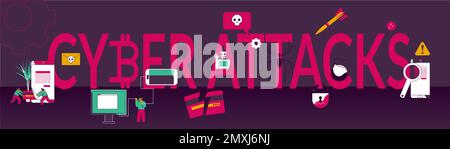 Horizontal black banner with cyber attacks text in red large letters and icons of hacker activity on computer systems and smartphone flat vector illus Stock Vector
