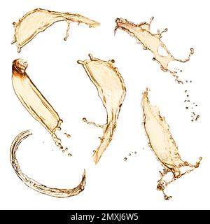 Set with abstract splashes of expensive whiskey on white background Stock Photo