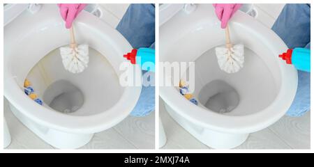 Woman cleaning toilet bowl with brush and detergent in bathroom, closeup. Before and after Stock Photo