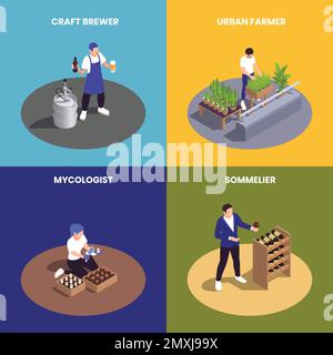 Modern food industry professions 2x2 design concept with sommelier craft brewer mycologist and urban farmer isolated 3d isometric vector illustration Stock Vector