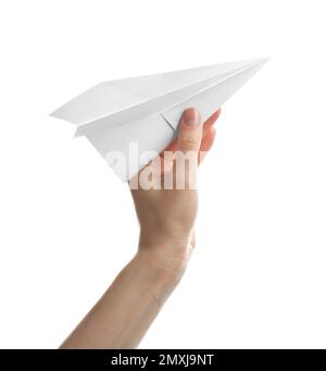 Woman holding paper plane on white background, closeup Stock Photo
