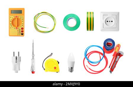 Set of electrician's tools and equipment on white background Stock Photo