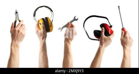 Set with photos of electricians holding different tools on white background, closeup. Banner design Stock Photo