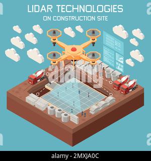 Lidar technologies isometric background with drone flying over construction site 3d vector illustration Stock Vector