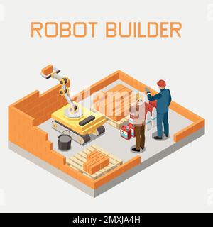 Robot builder laying bricks wall used in modern construction isometric background 3d vector illustration Stock Vector