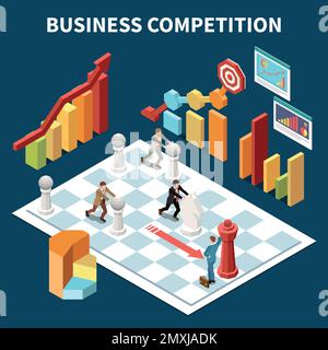 Business competition isometric background with small businessman characters moving chess pieces on large chess board vector illustration Stock Vector