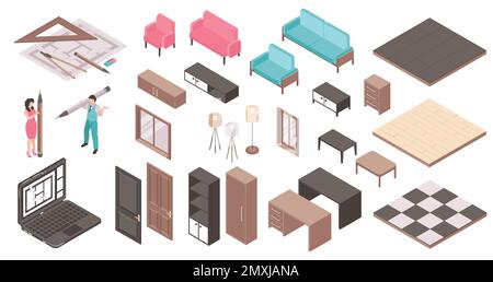 Isometric interior design project set icons with furniture plans and accessories isolated vector illustration Stock Vector