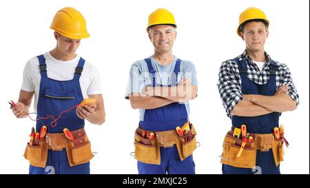 Collage with photos of electricians on white background Stock Photo