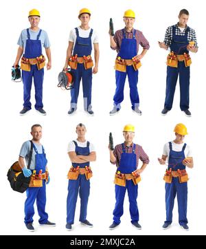 Collage with photos of electricians on white background Stock Photo
