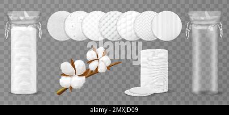 Realistic cosmetic cotton pads transparent icon set cotton swab wrap cotton branch and  different styles of round pads vector illustration Stock Vector