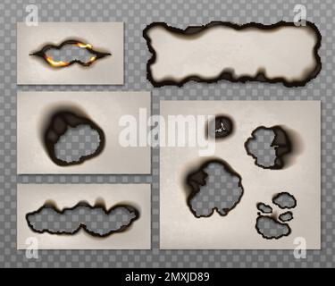 Burnt paper realistic set with isolated rectangular paper sheets with holes and black borders with fire vector illustration Stock Vector