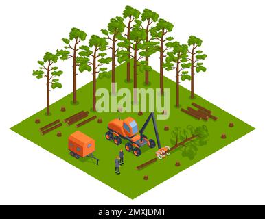 Isometric deforestation concept with woorworking machinery in forest vector illustration Stock Vector