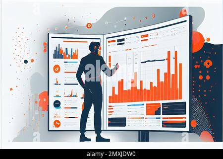 A businessman in front of a big monitor with data scrolling across it Stock Photo