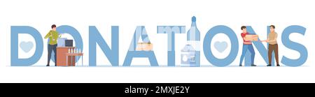 Donations text banner in flat style with volunteers cooking hot meals and giving humanitarian aid vector illustration Stock Vector