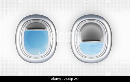View on blue sky through open airplane portholes Stock Photo