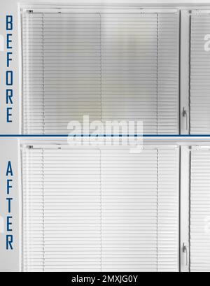 Window with closed blinds before and after cleaning Stock Photo