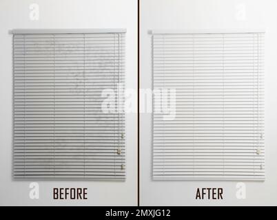 Window with closed blinds before and after cleaning Stock Photo