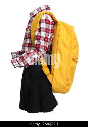 School uniform for girl and backpack on white background Stock Photo