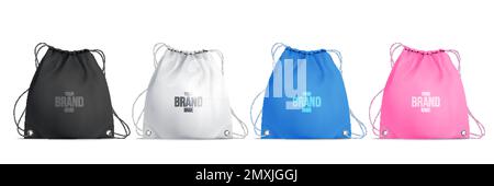 Four colorful drawstring bags with place for brand name realistic ad set isolated on white background vector illustration Stock Vector