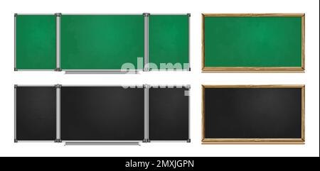 Set of realistic  school green and black chalkboards with wooden frame for classroom isolated vector illustration Stock Vector