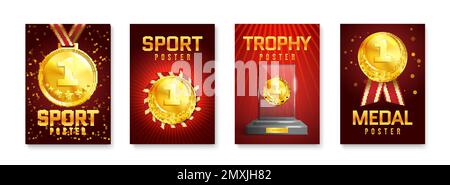 Sport trophy ad poster set with medals red ribbons glass award on pedestal isolated vector illustration Stock Vector