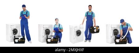 Collage with photos of plumber on white background. Banner design Stock Photo