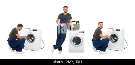 Collage with photos of plumber on white background. Banner design Stock Photo