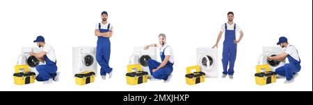 Collage with photos of plumber on white background. Banner design Stock Photo