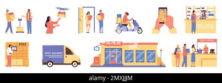 Post office and delivery flat icons set with modern mail system scenes isolated vector illustration Stock Vector