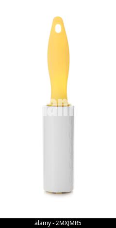 New lint roller with yellow handle isolated on white Stock Photo