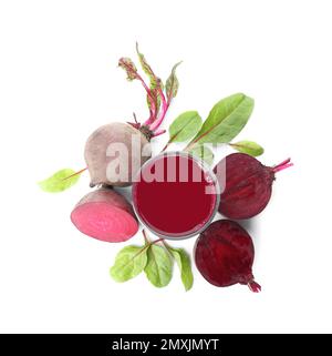 Freshly made beet juice on white background, top view Stock Photo