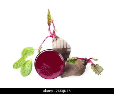 Freshly made beet juice on white background, top view Stock Photo