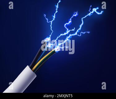 Sparking cables on dark blue background, closeup. Electrician's supply Stock Photo