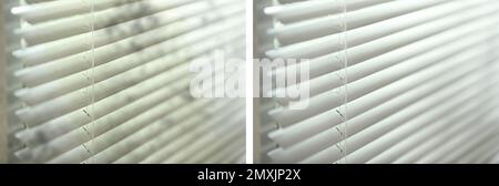 Window blinds before and after cleaning, closeup. Banner desing Stock Photo